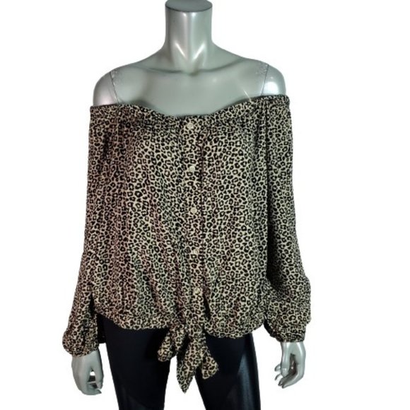 Rue 21 Top‎ Plus Size 4X Leopard Off Shoulder Tie Front Cropped Button-Up NWT - Picture 1 of 6